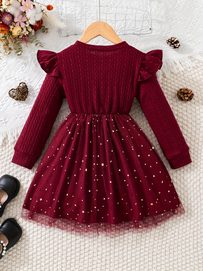 For Toddler Girls, Vintage Sequin Flutter Trim Long Sleeve Tutu Dress for Spring, Fall, Christmas Party Gift