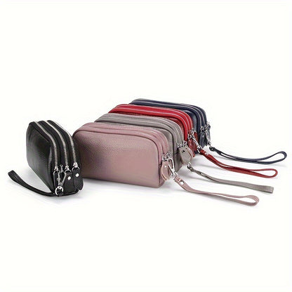 Genuine Leather Long Wallet For Women (17.48cm X 9.98cm X 3.99cm), Wristlet Zipper Coin Purse, Three Layers Mobile Phone Bag