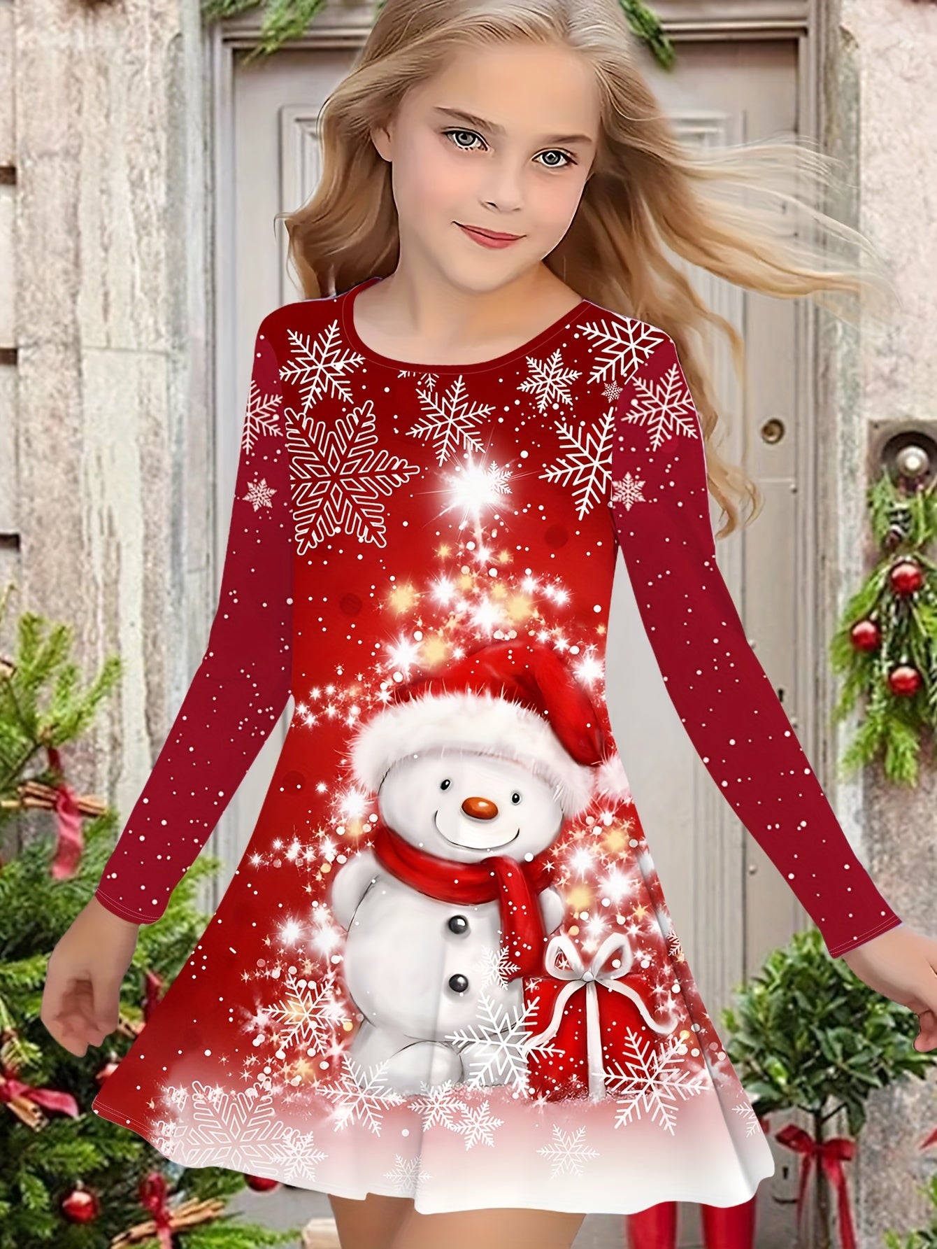 Girls' Christmas Snowman 3D Print Long Sleeve Dress, Knitted Polyester Fabric, Casual Style, Regular Fit, Stretchy, Cartoon Pattern, for Kids, Autumn/Winter Season