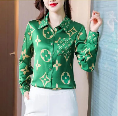 Designer Women Shirt Blouses Printed Silk Fabric Jacquard Texture Satin Classic Office Long Sleeve Elegant Basic Lapel Commuter Versatile Tops