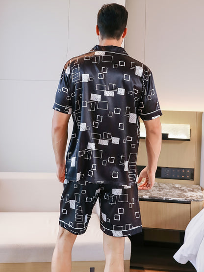 Mens 3-Piece Luxury Pajama Set - Cool Short Sleeve Shirt, Shorts & Long Pants - Breathable Ice Silk, Stylish Geometric Prints - Ultra-Soft, Comfy Lounge Wear for Summer Nights