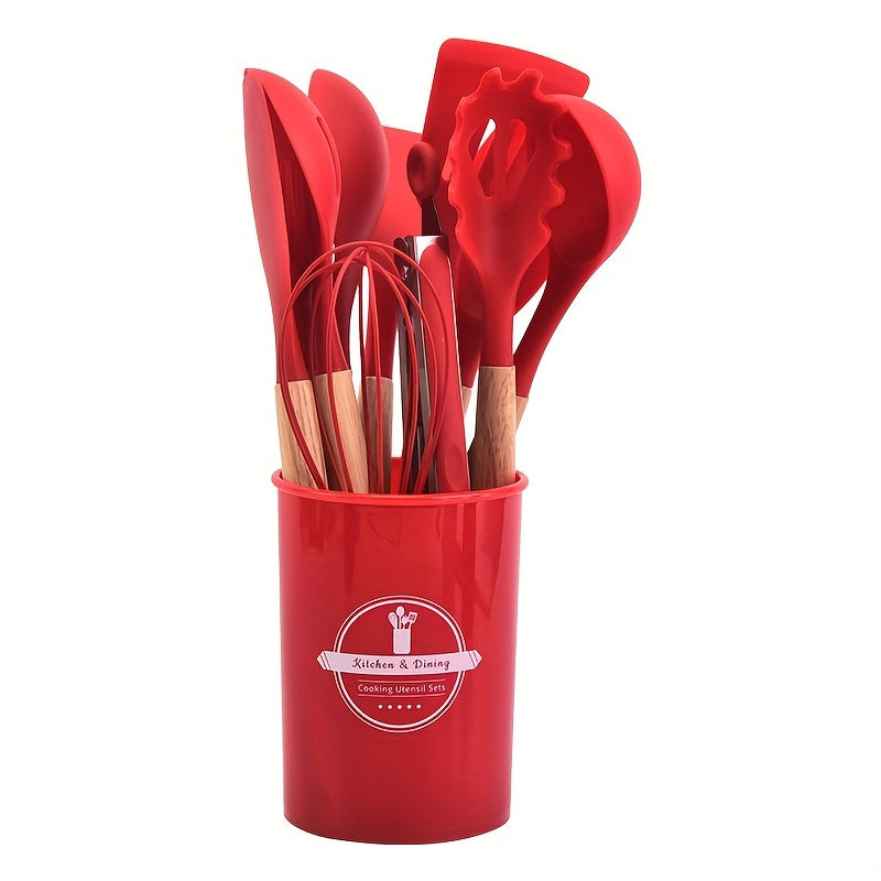 12-Piece Premium Silicone Cooking Utensils Set - Heat-Resistant, Non-Stick Friendly, Ergonomic Wooden Handle, BPA-Free Kitchen Essentials with Holder - Perfect for Cooking, Baking, Grilling, and Serving