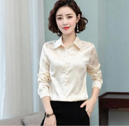 Designer Women Shirt Blouses Printed Silk Fabric Jacquard Texture Satin Classic Office Long Sleeve Elegant Basic Lapel Commuter Versatile Tops