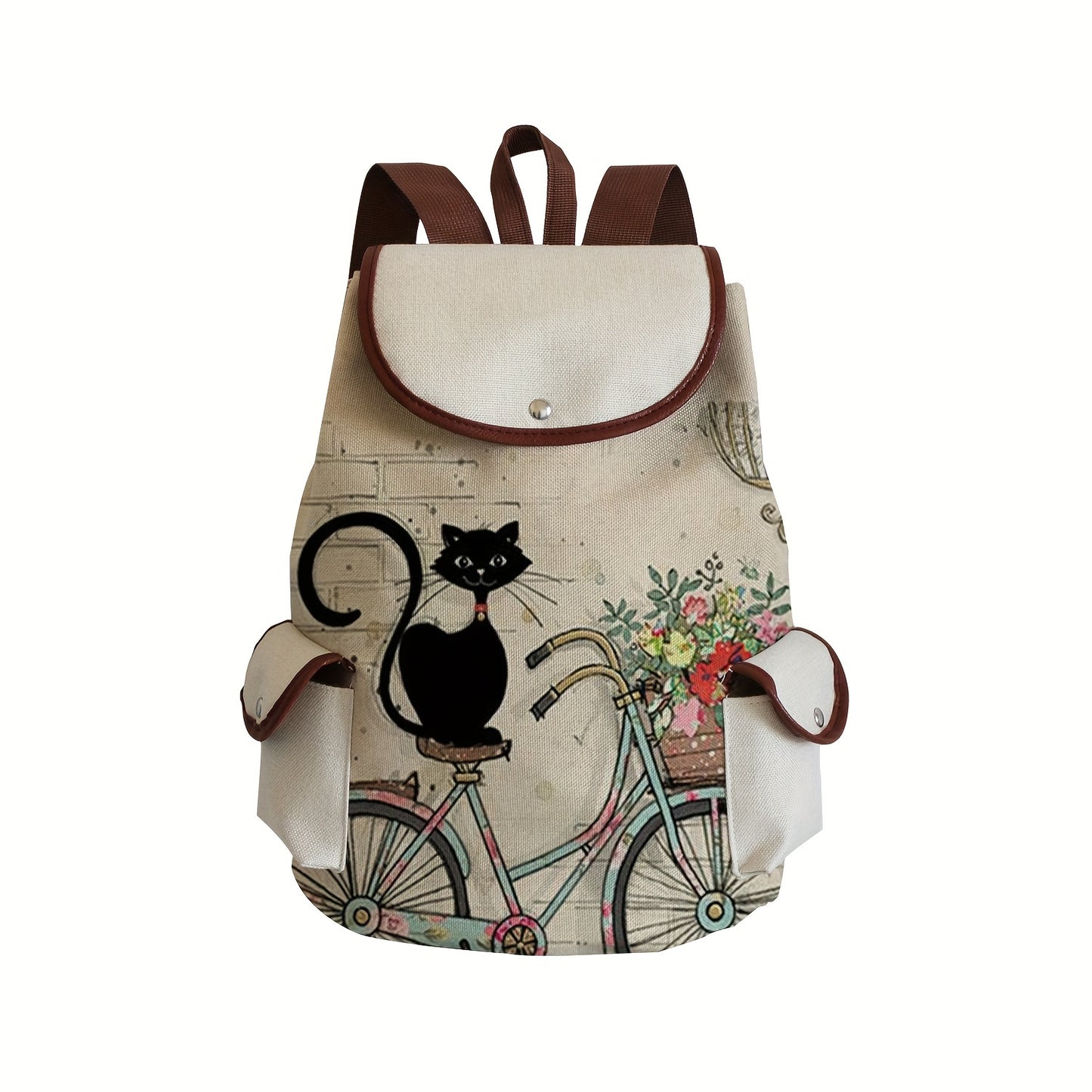 Cute Cartoon Black Cat Polyester Daypack Backpack with Drawstring Closure - Spacious Utility Pocket, Soft Shell, Water-Resistant, Perfect for Casual Leisure Travel, Daily Use, and as a Party Gift