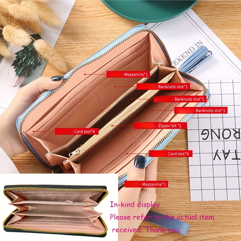 Contrast Color Long Wallet, PU Leather Textured Portable Clutch Bag, Fashion Zipper Women's Purse