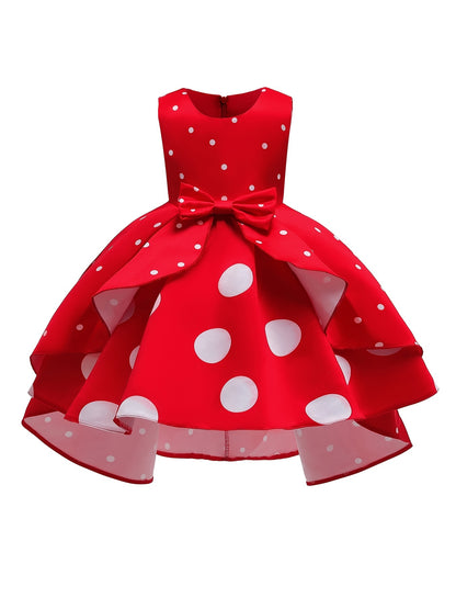 Elegant Polka Dot Sleeveless Party Dress for Girls - All Season, Ruffled, Bow & Belt Details, Knee-High