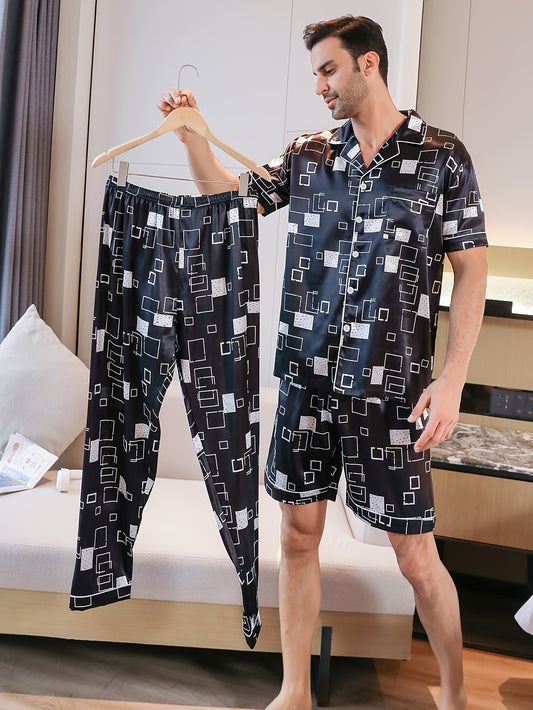 Mens 3-Piece Luxury Pajama Set - Cool Short Sleeve Shirt, Shorts & Long Pants - Breathable Ice Silk, Stylish Geometric Prints - Ultra-Soft, Comfy Lounge Wear for Summer Nights