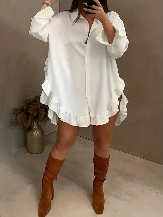 ZllKl Ruffle Hem Button Front Blouse, Stylish Long Sleeve Blouse For Spring & Fall, Women's Clothing