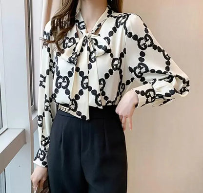 Designer Women Shirt Blouses Printed Silk Fabric Jacquard Texture Satin Classic Office Long Sleeve Elegant Basic Lapel Commuter Versatile Tops