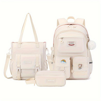 3 Pcs Preppy Solid Color Bag Set - Spacious Minimalist Backpack with Adjustable Strap, Detachable Shoulder Bag & Clutch Zipper Bag - Foldable, Polyester Lining, and Casual Style for School and Daily Use