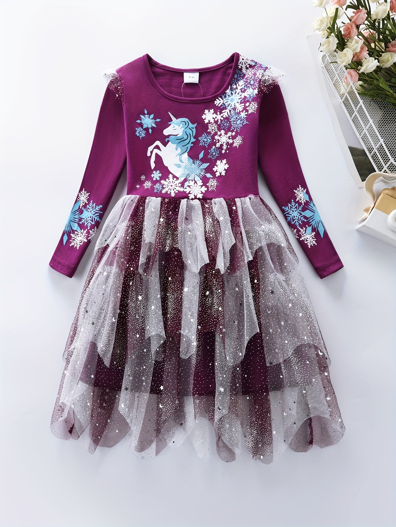 Girls Snowflake & Horse Print Stitching Star Mesh Dress, Perfect For Christmas And Holiday Dress Up Wear