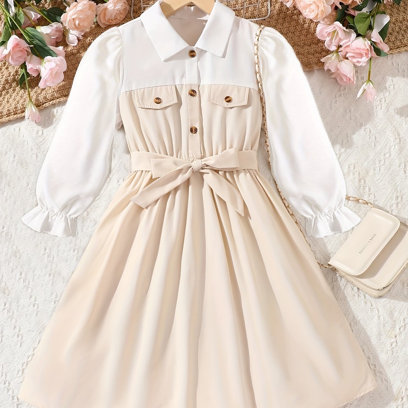 Color Splicing Long-Sleeve Shirt Dress For Girls, Spring/Fall Vacation Party Dresses Gift