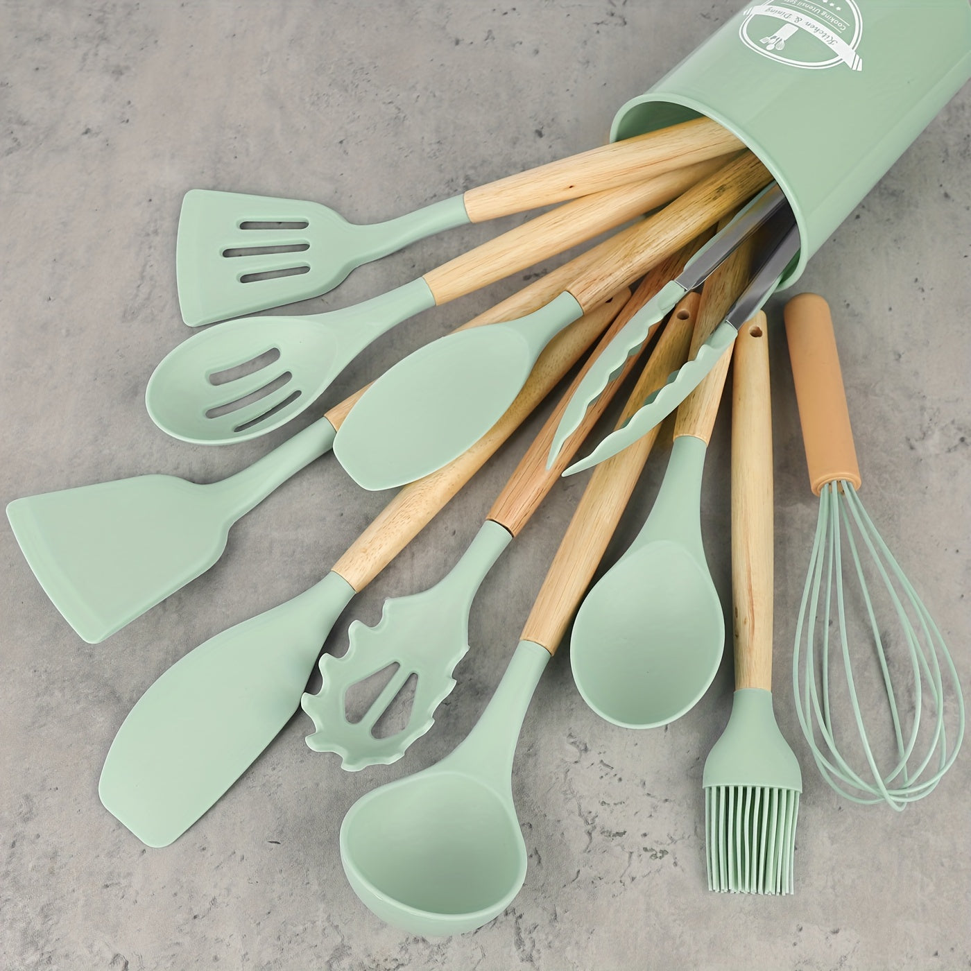 12pcs/set, Silicone Utensil Set, Kitchen Utensil Set, Safety Cooking Utensils Set, Non-Stick Cooking Utensils Set With Wooden Handle, Washable Modern Cookware, Kitchen Stuff, Kitchen Gadgets, Kitchen Essentials