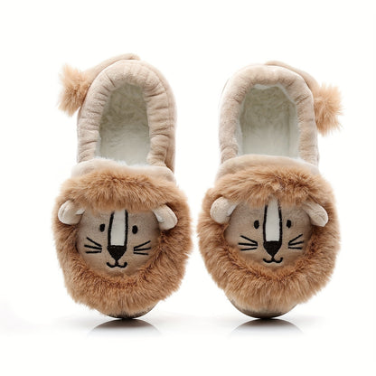 Cute Cartoon Lion Design Slip On Home Shoes For Boys Girls, Warm Plus Fleece Indoor Shoes For Autumn And Winter