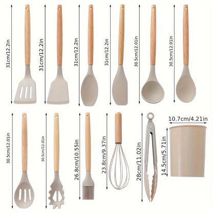 12pcs, Silicone Utensil Set, Khaki Kitchen Utensil Set With Wooden Handle, Safety Cooking Utensils Set, Non-Stick Kitchen Tools Set, Washable Modern Cookware, Kitchen Stuff, Kitchen Gadgets