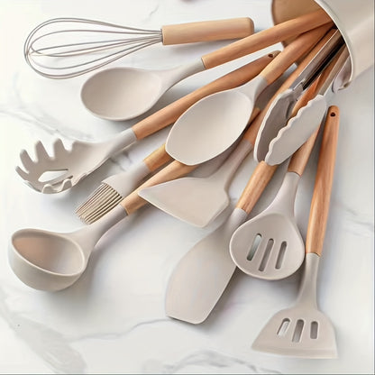 12pcs, Silicone Utensil Set, Khaki Kitchen Utensil Set With Wooden Handle, Safety Cooking Utensils Set, Non-Stick Kitchen Tools Set, Washable Modern Cookware, Kitchen Stuff, Kitchen Gadgets