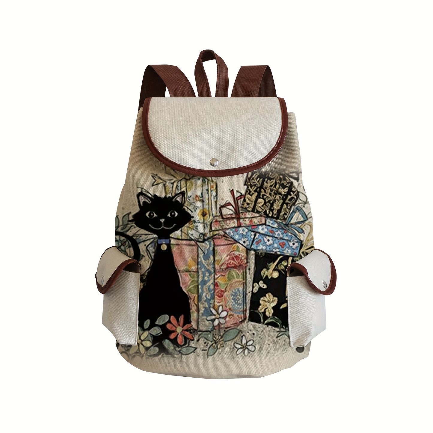 Cute Cartoon Black Cat Polyester Daypack Backpack with Drawstring Closure - Spacious Utility Pocket, Soft Shell, Water-Resistant, Perfect for Casual Leisure Travel, Daily Use, and as a Party Gift