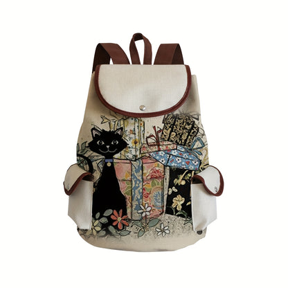 Cute Cartoon Black Cat Polyester Daypack Backpack with Drawstring Closure - Spacious Utility Pocket, Soft Shell, Water-Resistant, Perfect for Casual Leisure Travel, Daily Use, and as a Party Gift