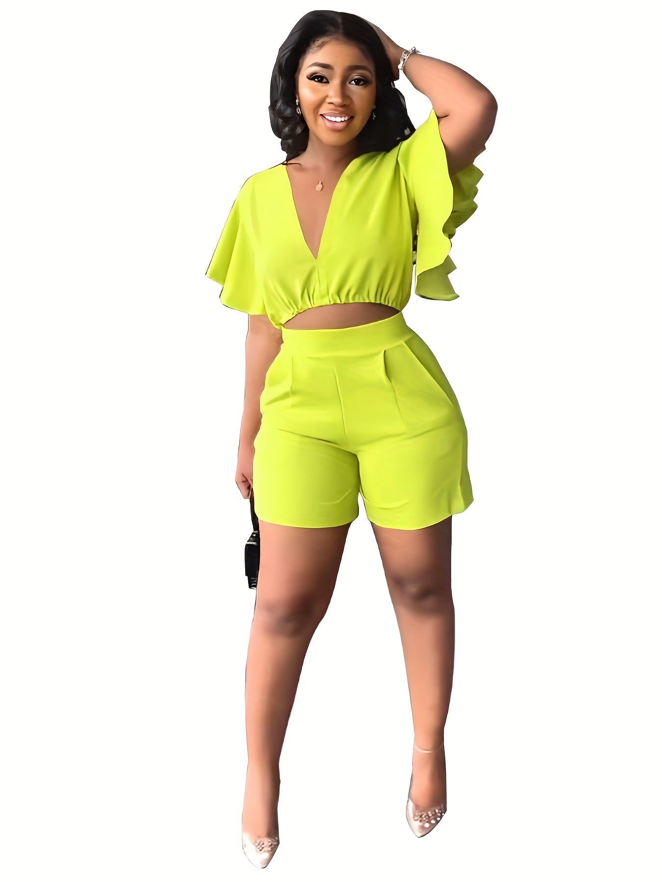 Chic Lightweight Two-Piece Set - Flirty Flutter Sleeve Crop Top & High Waist Shorts Outfit - Stretchy, Slimming Womens Clothing