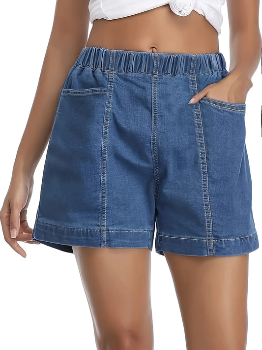 ZllKl  Women's Stylish Denim Shorts, Casual Sporty Style, Elastic Waist, Comfort Fit, With Pockets, Versatile Summer Wear