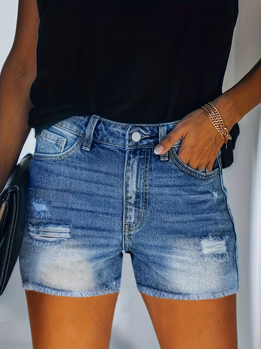 ZllKl  Blue Frayed Hem Denim Shorts, Ripped Holes Slash Pockets Short Denim Pants, Women's Denim Jeans & Clothing