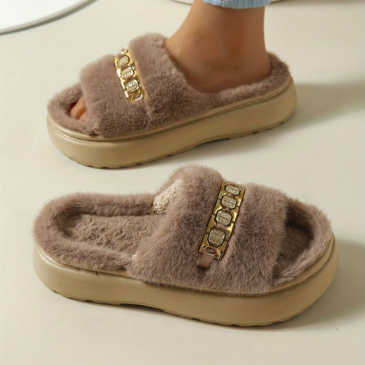 Women's Faux Fur Slides With Rhinestone Accent, Thick Sole Fluffy Slippers For Indoor/Outdoor Use, Soft Plush Open Toe House Shoes