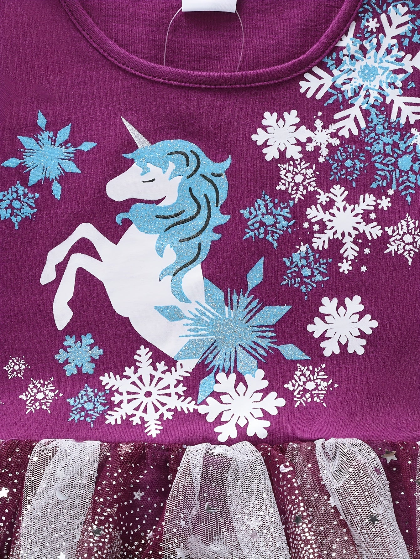 Girls Snowflake & Horse Print Stitching Star Mesh Dress, Perfect For Christmas And Holiday Dress Up Wear