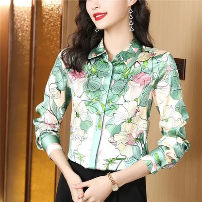 Women Fashion Print Pink Blouses Long Sleeve Vintage Ribbon Bow Shirt Ladies Classic Lapel Button Shirts Spring Autumn Woman Clothes Designer Blouse Cute Tops