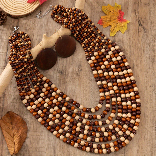 3pcs Earrings Plus Necklace Boho Style Jewelry Set Made Of Wooden Beads Trendy Multi Layer Design Stunning Party Accessories