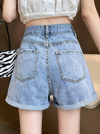 ZllKl  Heart Pattern Niche Denim Shorts, Rolled Hem Slash Pockets Short Denim Pants, Women's Denim Jeans & Clothing