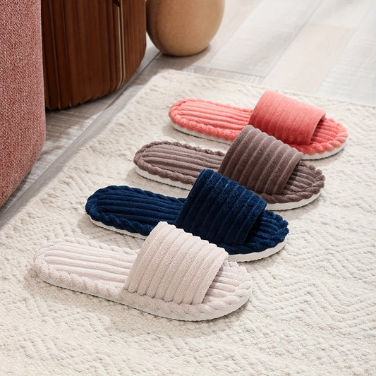 Cozy Solid Color Open Toe Slippers - Ultra-Soft Fleece Lined, Winter Warmth - Breathable, Slip-Resistant, Effortless Slip-On - Perfect for Indoor Sanctuary & Everyday Comfort