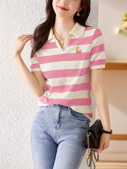 Cherry Pattern Striped Knitted T-shirt, Casual Notched Collar Short Sleeve Top, Women's Clothing