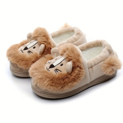 Cute Cartoon Lion Design Slip On Home Shoes For Boys Girls, Warm Plus Fleece Indoor Shoes For Autumn And Winter