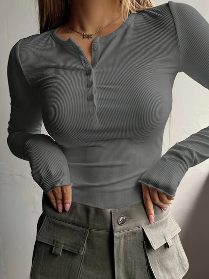 Chic Ribbed Keyhole Neckline Top – Women's Long Sleeve Knit T-Shirt, Perfect for Spring/Fall, Easy-Care & Comfy