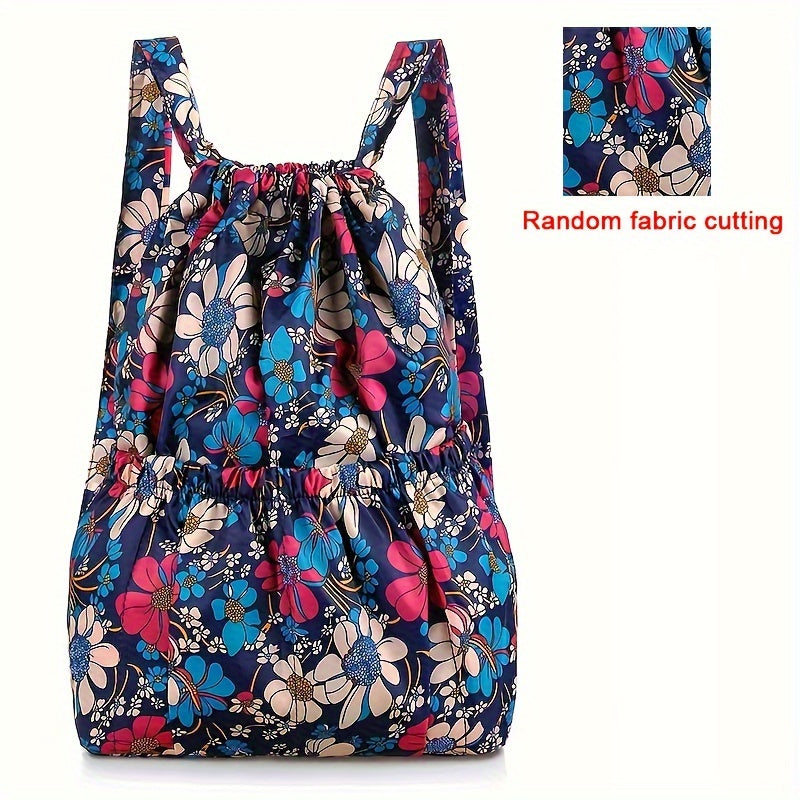 Vibrant Floral Print Nylon Drawstring Backpack - Spacious, Lightweight, Water-Resistant Travel & Sports Rucksack with Multiple Pockets and Polyester Lining for Women and Men