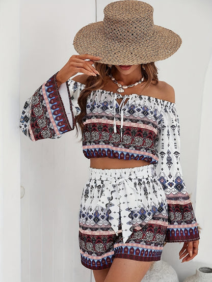 Two-Piece Chic Outfit - Charming Off-The-Shoulder Design Sleeve Top and Super Comfy Loose-Fit Shorts for Effortlessly Chic Casual Style - Exclusively Designed for Women Who Love Fashion and Comfort