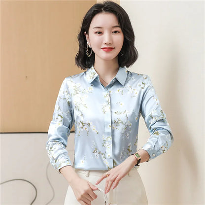 Luxury Designer Print Classic Satin Shirt Plus Size Women Fashion Long Sleeve Button Front Shirts  Spring Autumn Ladies Runway Lapel Blouse Elegant Silk Tops