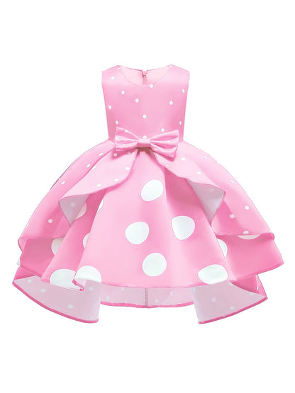 Elegant Polka Dot Sleeveless Party Dress for Girls - All Season, Ruffled, Bow & Belt Details, Knee-High