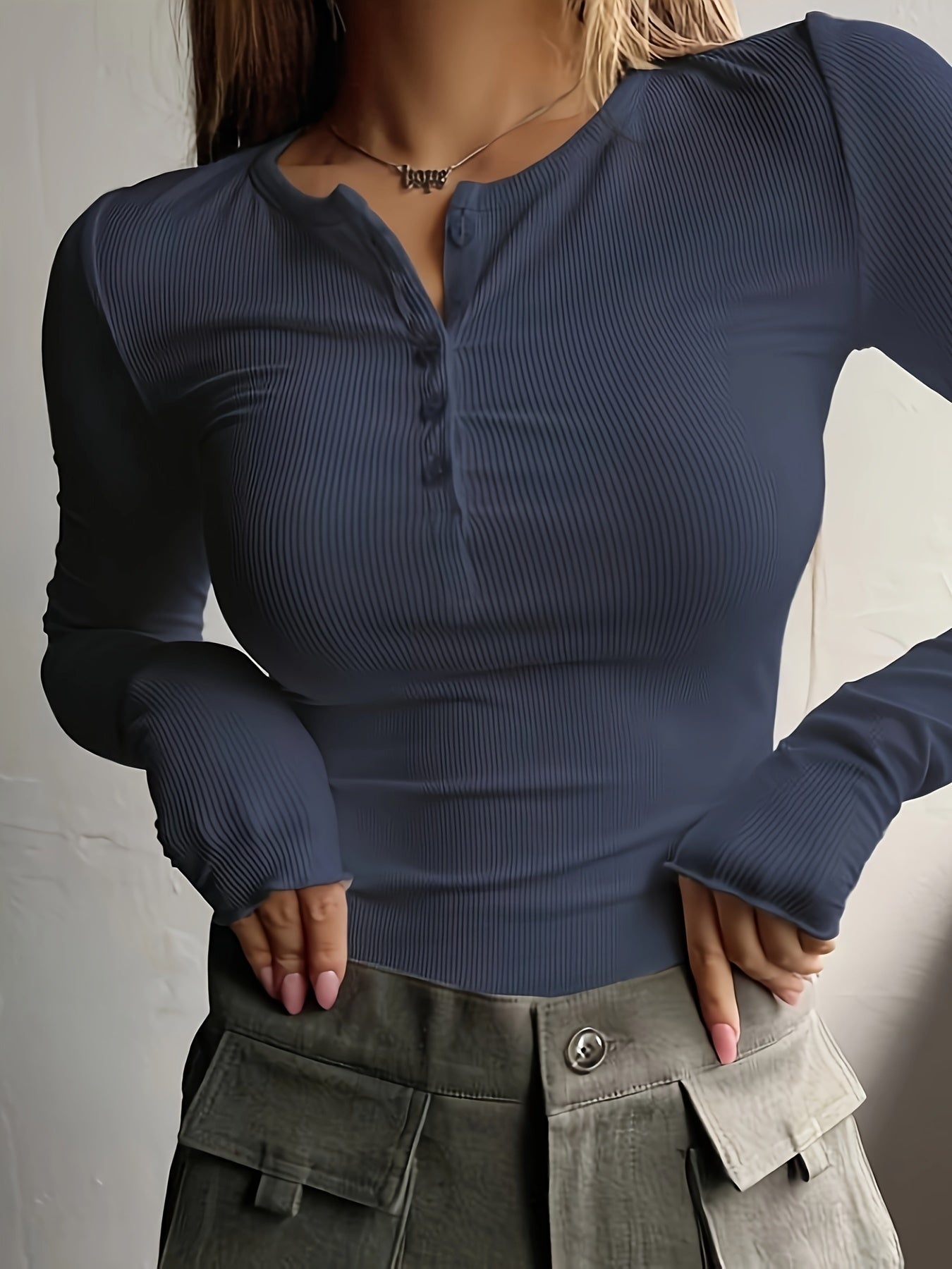 Chic Ribbed Keyhole Neckline Top – Women's Long Sleeve Knit T-Shirt, Perfect for Spring/Fall, Easy-Care & Comfy