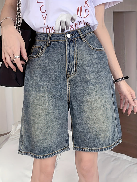 ZllKl  Plain Casual Style Denim Bermuda Shorts, Retro Vintage Fashion, Loose Fit, Women's Summer Essential, Denim Jorts