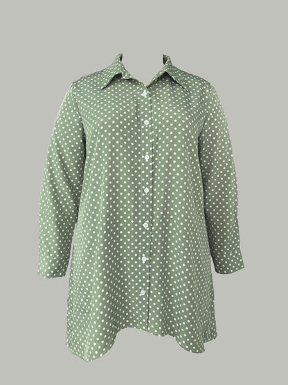 Plus Size Elegant Lapel Collar Shirt - Long Sleeve, Button Front, Non-Stretch Polyester, Random Polka Dot Print, Woven Shirting for Spring/Summer - Classic, Comfortable, and Chic Womens Clothing