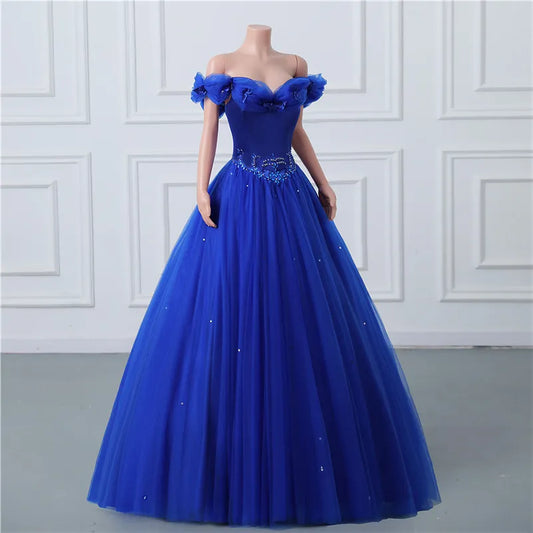 Princess Royal Blue Ball Gown Evening Prom Dresses Elegant Off Shoulders Beads Sequins Ruffles Tulle Long Party Gowns Corset Back Sweet 15 Quinceanera Dresses