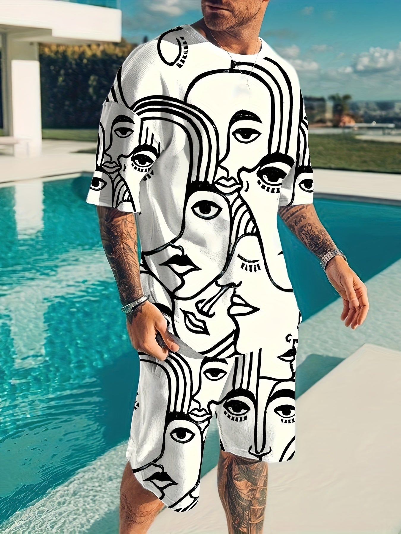 Men's Trendy Casual Comfy Tees & Shorts, Graffiti Portrait Graphic Print Crew Neck Short Sleeve T-shirt & Loose Shorts Home Pajamas Sets, Outdoor Sets For Summer