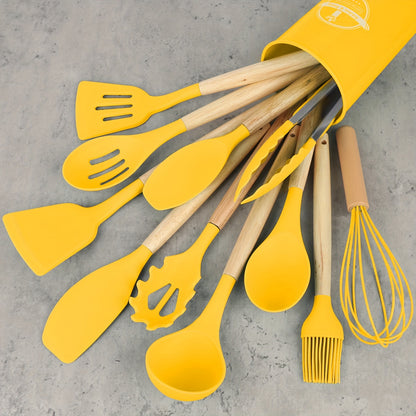 12pcs/set, Silicone Utensil Set, Kitchen Utensil Set, Safety Cooking Utensils Set, Non-Stick Cooking Utensils Set With Wooden Handle, Washable Modern Cookware, Kitchen Stuff, Kitchen Gadgets, Kitchen Essentials