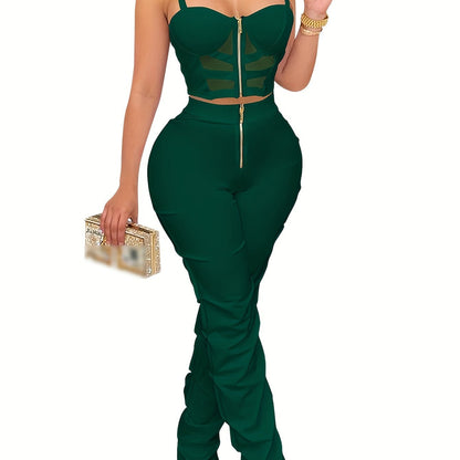 Solid Color Party Pantsuits - Eye-catching Zipper Front, Fitted Slim Crop Cami Top, High Waist, Ruched Pants, Vibrant Solid Color - Perfect for Womens Party Occasions, Stylish and Trendy Outfits for a Night Out