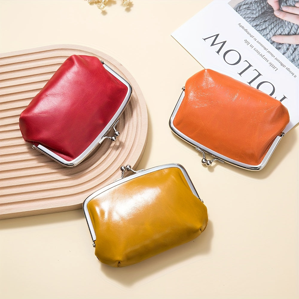 Mini Genuine Leather Coin Purse, Vintage Change Holder Wallet With Kiss Lock, Clutch Storage Bag For Key Earphone