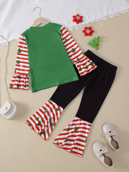 Christmas Girls' 2pc Sets, Splicing MERRY CHRISTMAS Print Top & Flare Pants Kids Outdoor Clothes For Fall Christmas Party