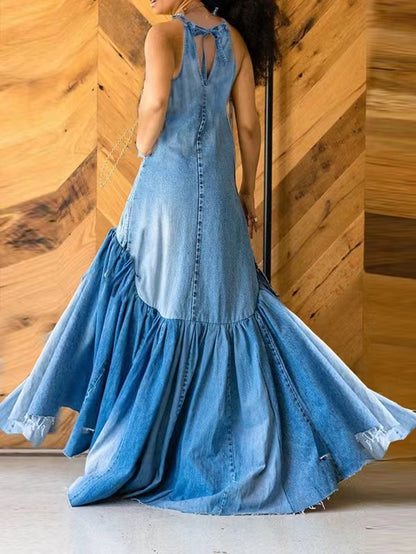 PLUS SIZE Fashion Denim Long Dress Sexy Women Bow Halter Swing Sundress Holiday Sleeveless Robe Casual Loose Mermaid Maxi Dress