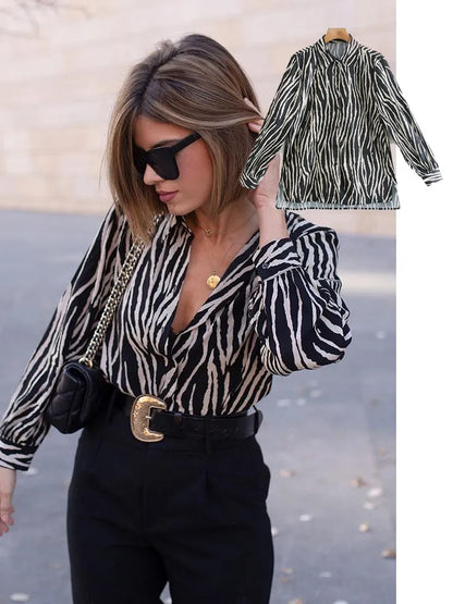 women satin blouse long sleeve zebra print shirts vintage office ladies tops femme chandails fashion blusa de mujer Chandails 220407