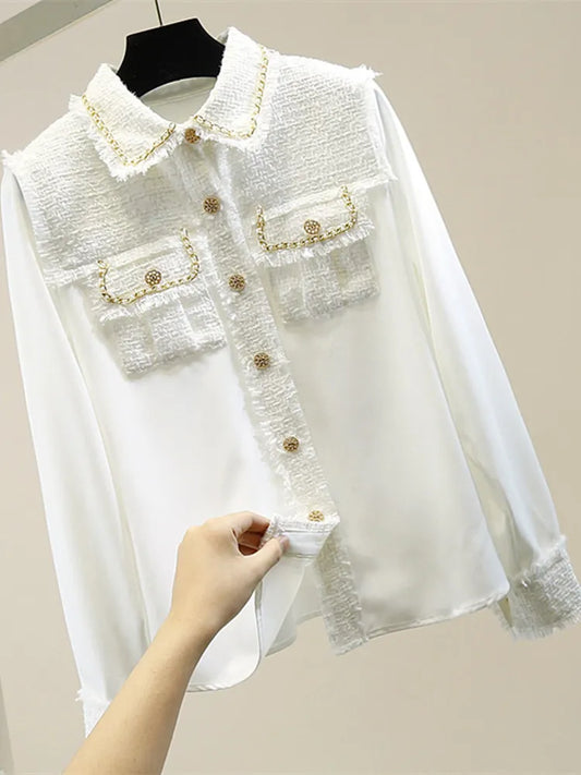 Fashion Designer Tweed Patchwork Chiffon Shirt Blouse Women Vintage Long Sleeve Gold Chain Pearls Weave Tassels Pocket Tops 220407